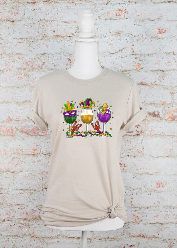 Mardi Gras Wine Glass Crew Neck Graphic Tee