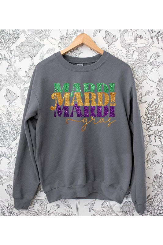 FAUX GLITTER MARDI GRAS FLEECE SWEATSHIRT