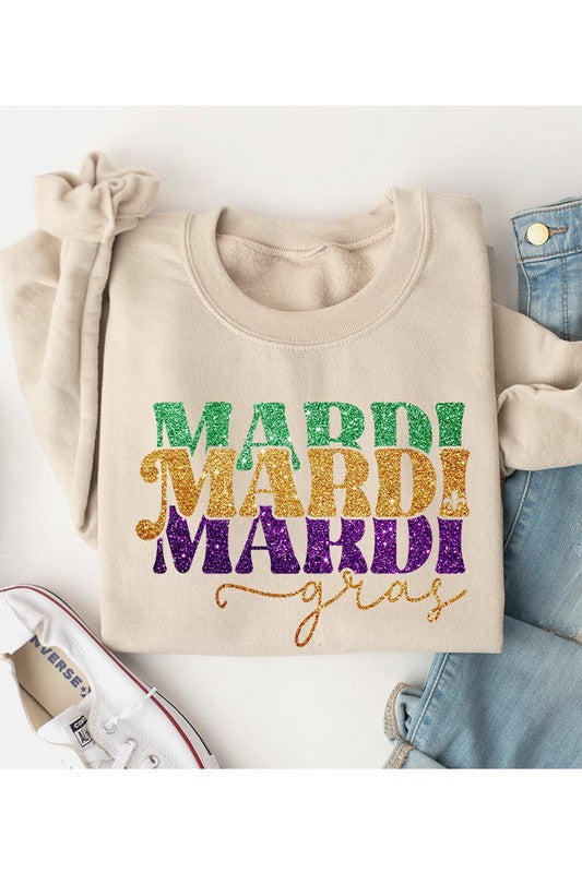 FAUX GLITTER MARDI GRAS FLEECE SWEATSHIRT