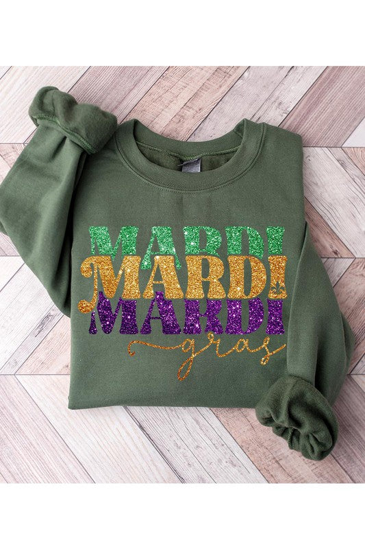 FAUX GLITTER MARDI GRAS FLEECE SWEATSHIRT