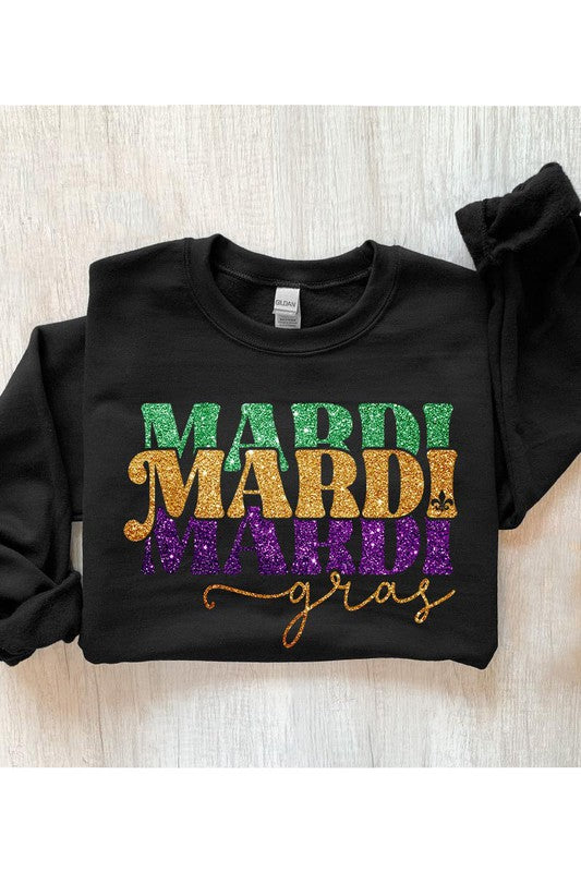 FAUX GLITTER MARDI GRAS FLEECE SWEATSHIRT