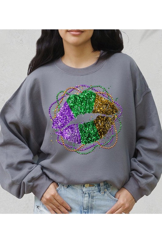 FAUX GLITTER MARDI GRAS LIPS SWEATSHIRT