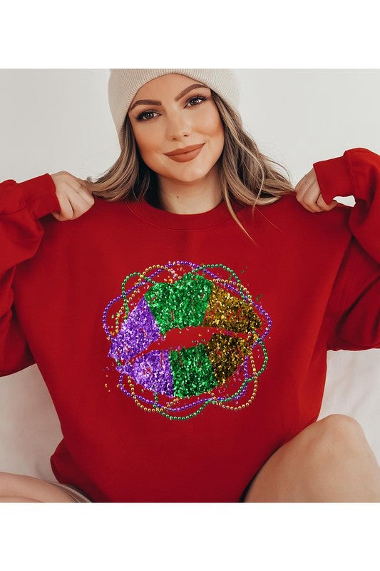 FAUX GLITTER MARDI GRAS LIPS SWEATSHIRT