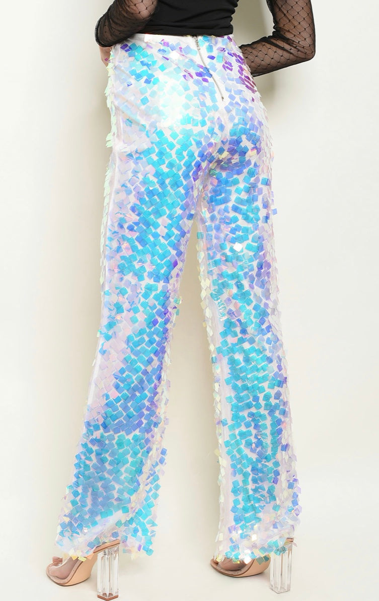 White Iridescent Sequin Pants