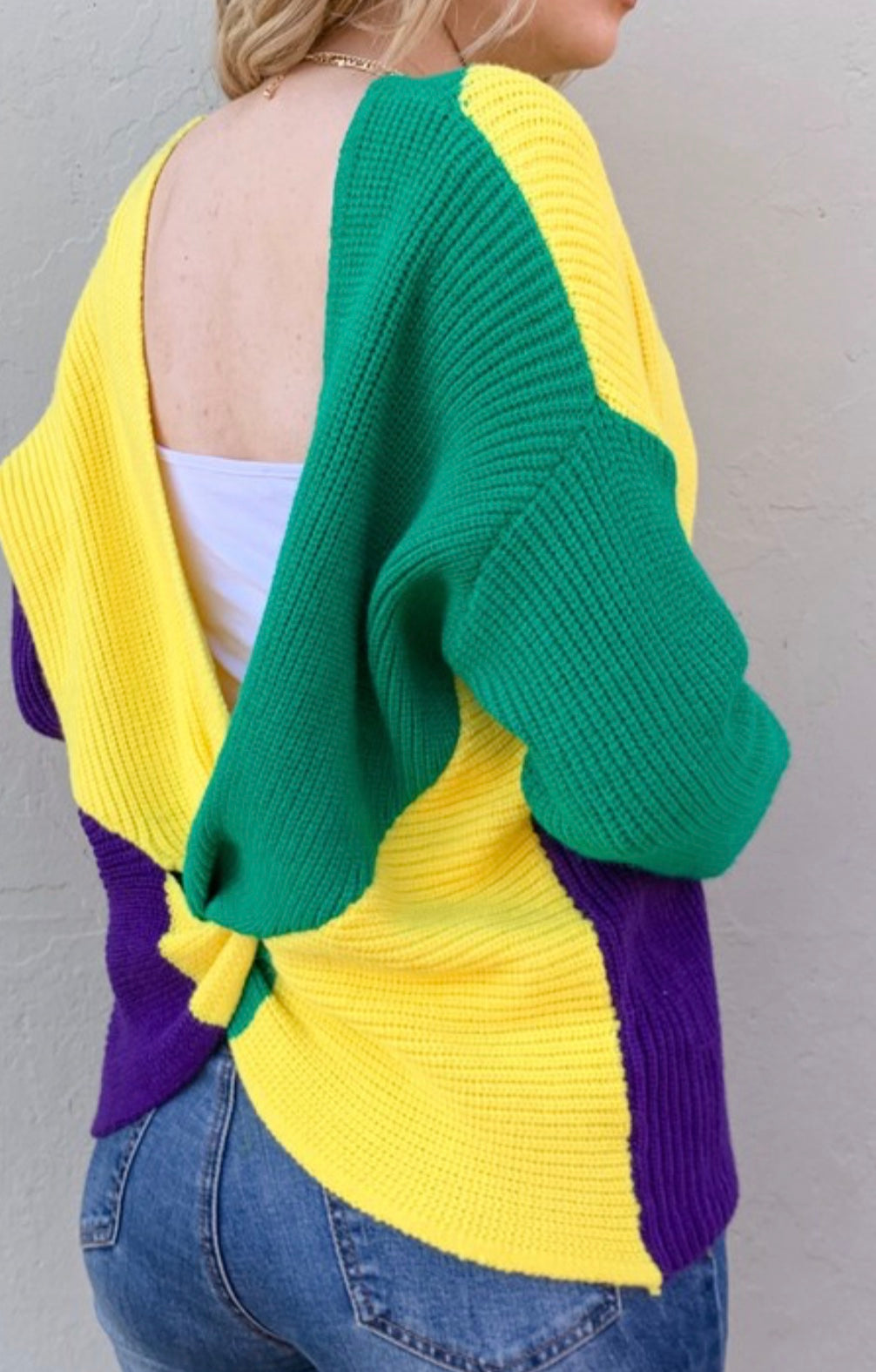 Twisted Back Mardi Gras Sweater