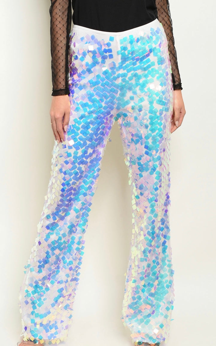 White Iridescent Sequin Pants